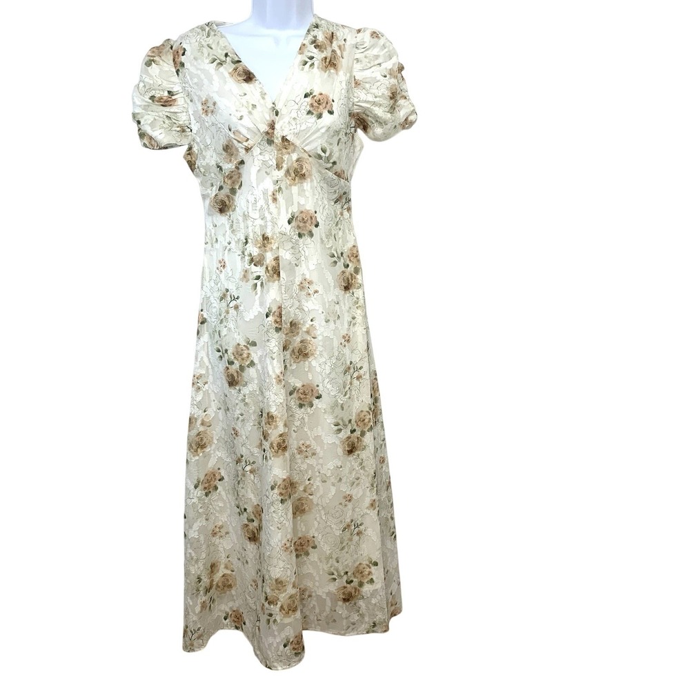 Wow Flowers Y2K Babydoll Maxi Dress M Dainty Puff Sleeve Floral Cottagecore Boho